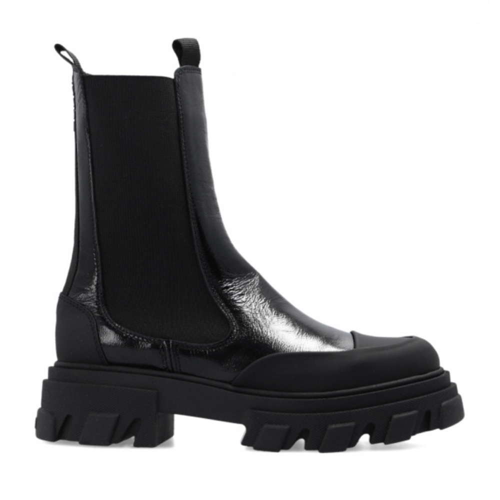 GANNI Mid Chelsea Boots Black Patent Leather